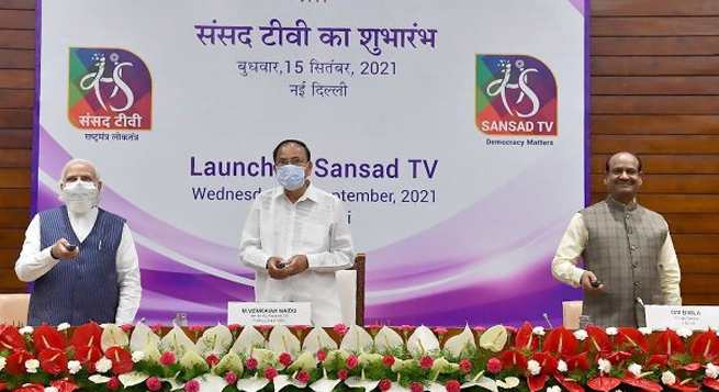 VP Naidu, PM Modi, LS Speaker Birla launch Sansad TV